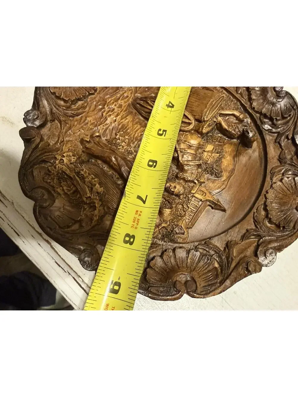 2 Vintage faux carved wood wall plaque/plates; colonial, country, farmhouse